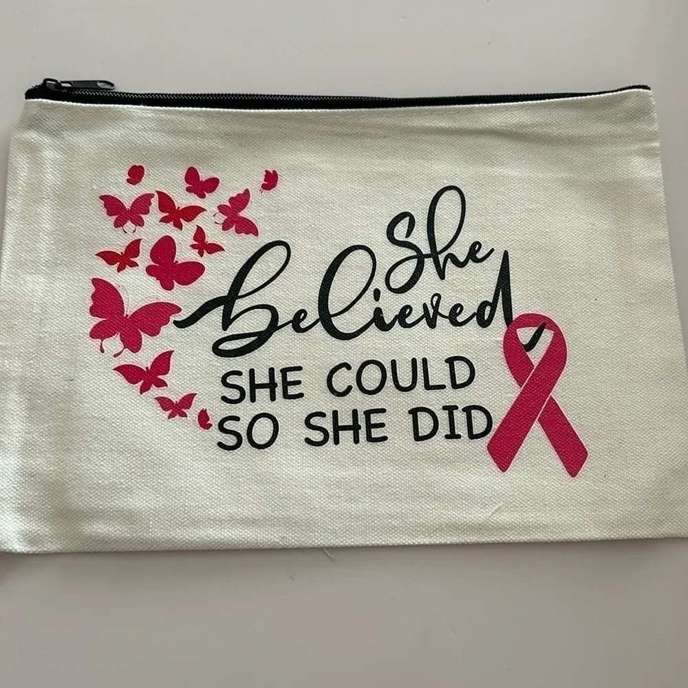Breast Cancer Awareness Canvas Makeup Bags SHE BELIEVED SHE COULD SO SHE DID